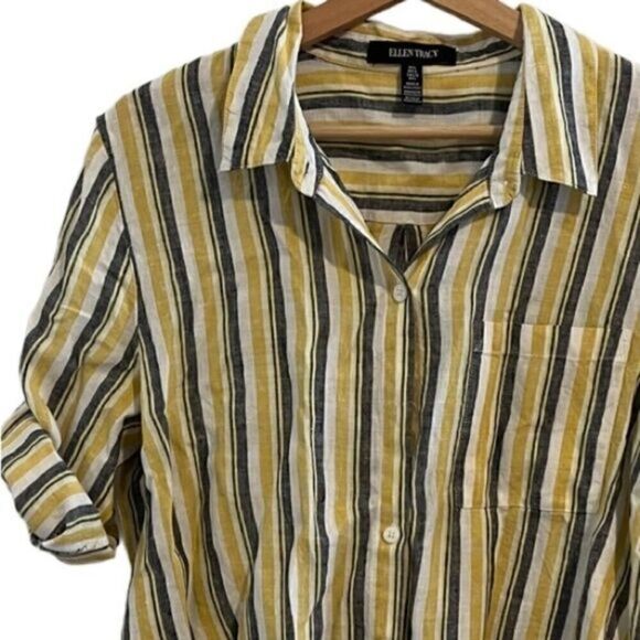 Ellen Tracy Linen Front‎ Tie Button Down Collar Stripe Top Women's Size L - Picture 1 of 16